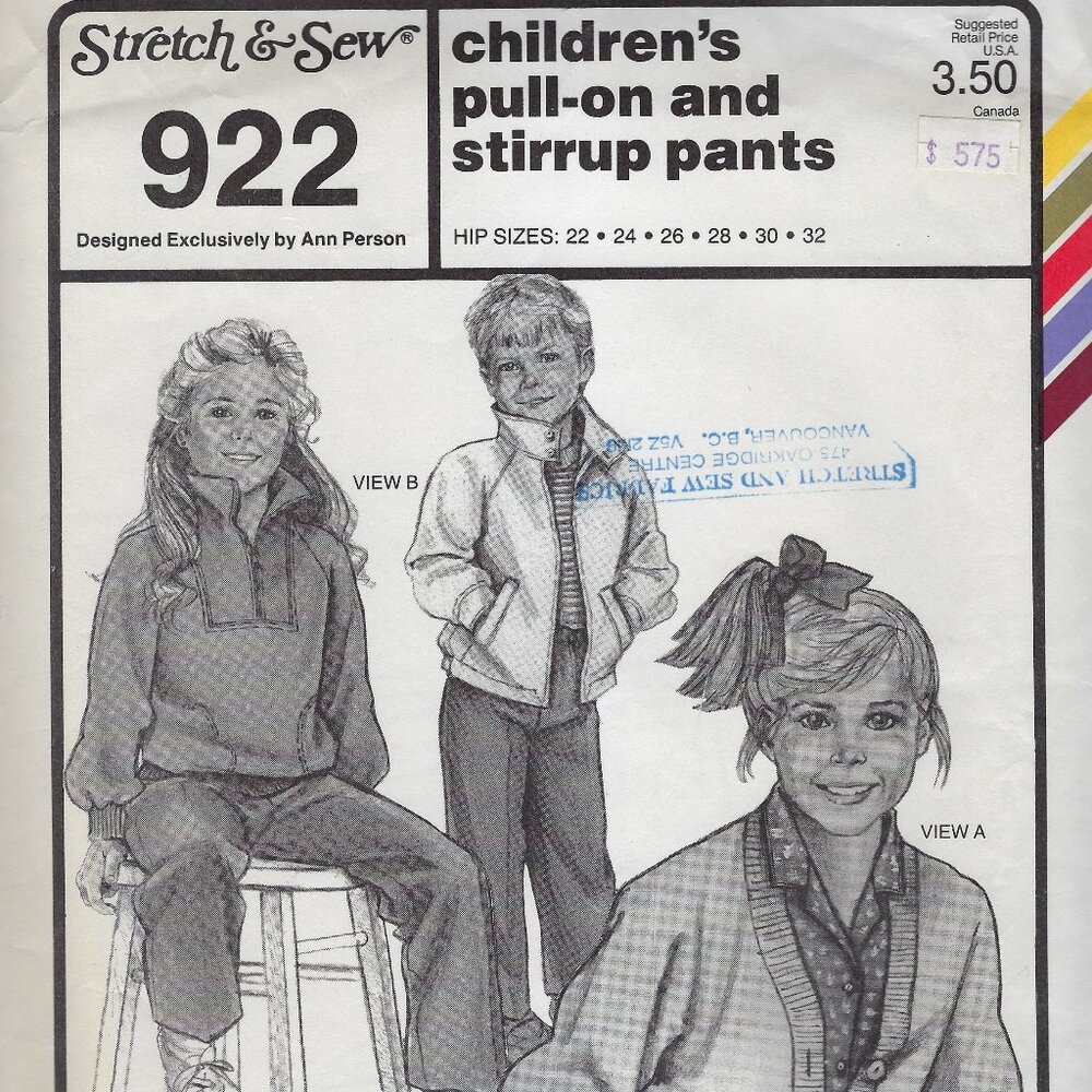 Stretch & Sew Pattern 922 Children's Pull-On and Stirrup Pants UNCUT